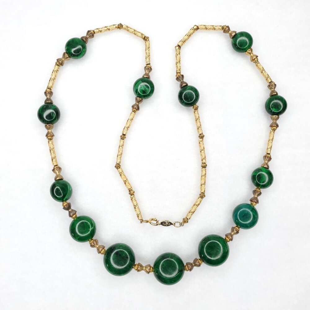 Vintage Alexis Kirk Necklace Beaded Swirl Green Acrylic Textured Gold Tone 37"